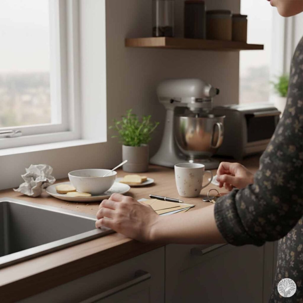 A first-person perspective of a woman’s hands resting heavily on a wooden kitchen counter filled with clutter, including mail, a used cereal bowl, and keys. The woman is wearing a dark floral shirt, and the blurred kitchen background illustrates the feeling of being overwhelmed and "static" during a moment of sensory overload.