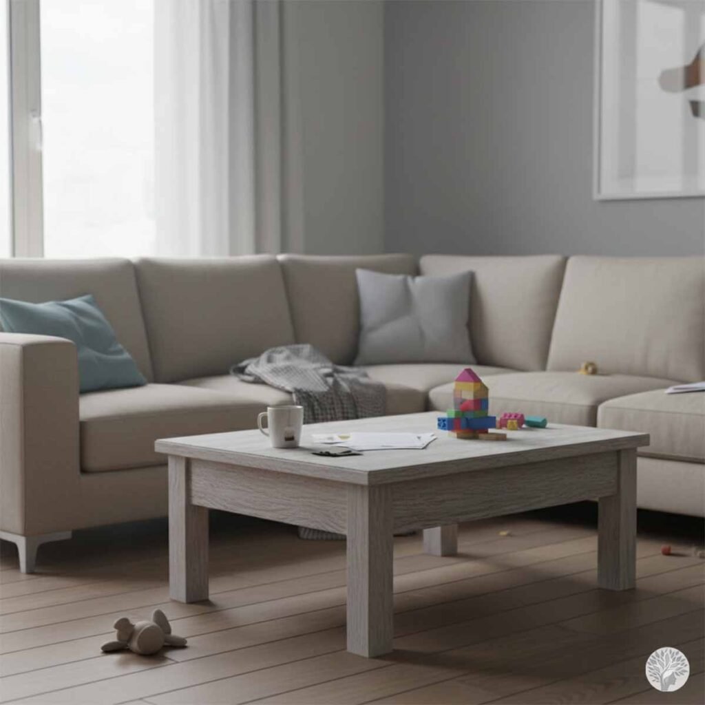 A cluttered living room coffee table with a cold mug, scattered papers, and colorful children's blocks, representing unmanaged cognitive load and visual shouting for mothers waking up to a messy house.