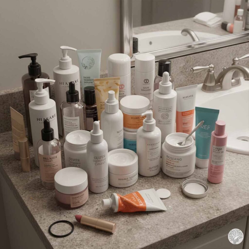A close-up view of a bathroom vanity counter covered in a disorganized collection of skincare products, including various bottles, jars, and tubes.
