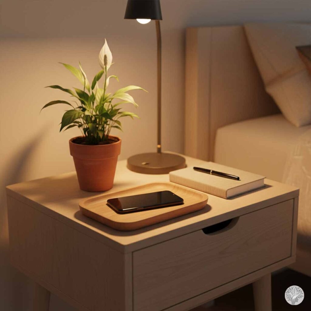 A minimalist wooden nightstand in a softly lit bedroom featuring a smartphone placed face-down on a dedicated wooden tray. Beside the tray is a closed journal with a pen, a small potted Peace Lily with a white bloom, and a modern black desk lamp casting a warm, amber glow.