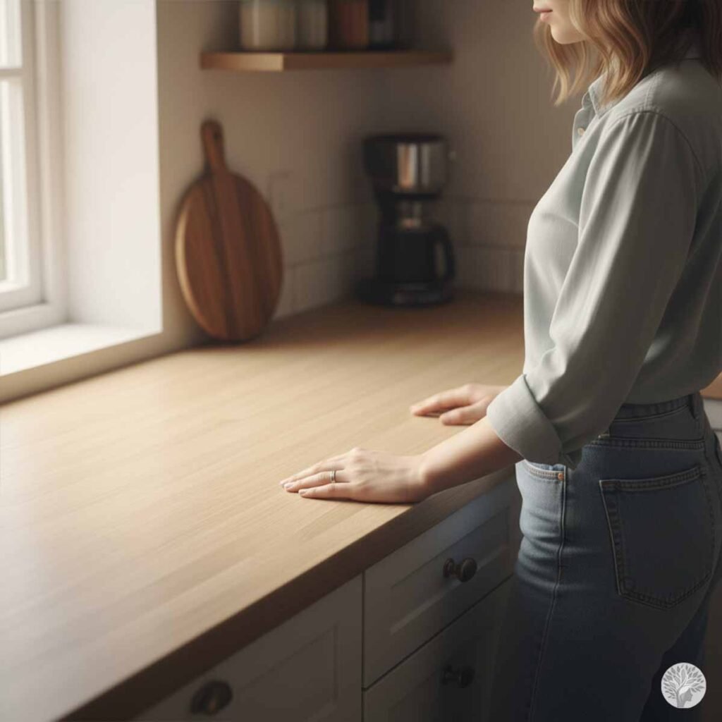 A woman standing peacefully in a clean kitchen, resting her hand on a completely clear wooden countertop bathed in soft sunlight from a nearby window.