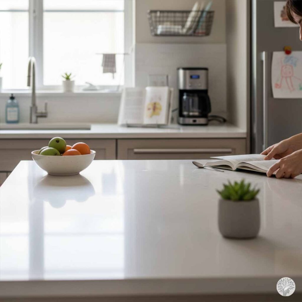 A slightly blurred interior view of a living room with a full laundry basket on the floor, an open laptop on a coffee table, and a stack of unsorted mail and a coffee mug on a foreground counter.