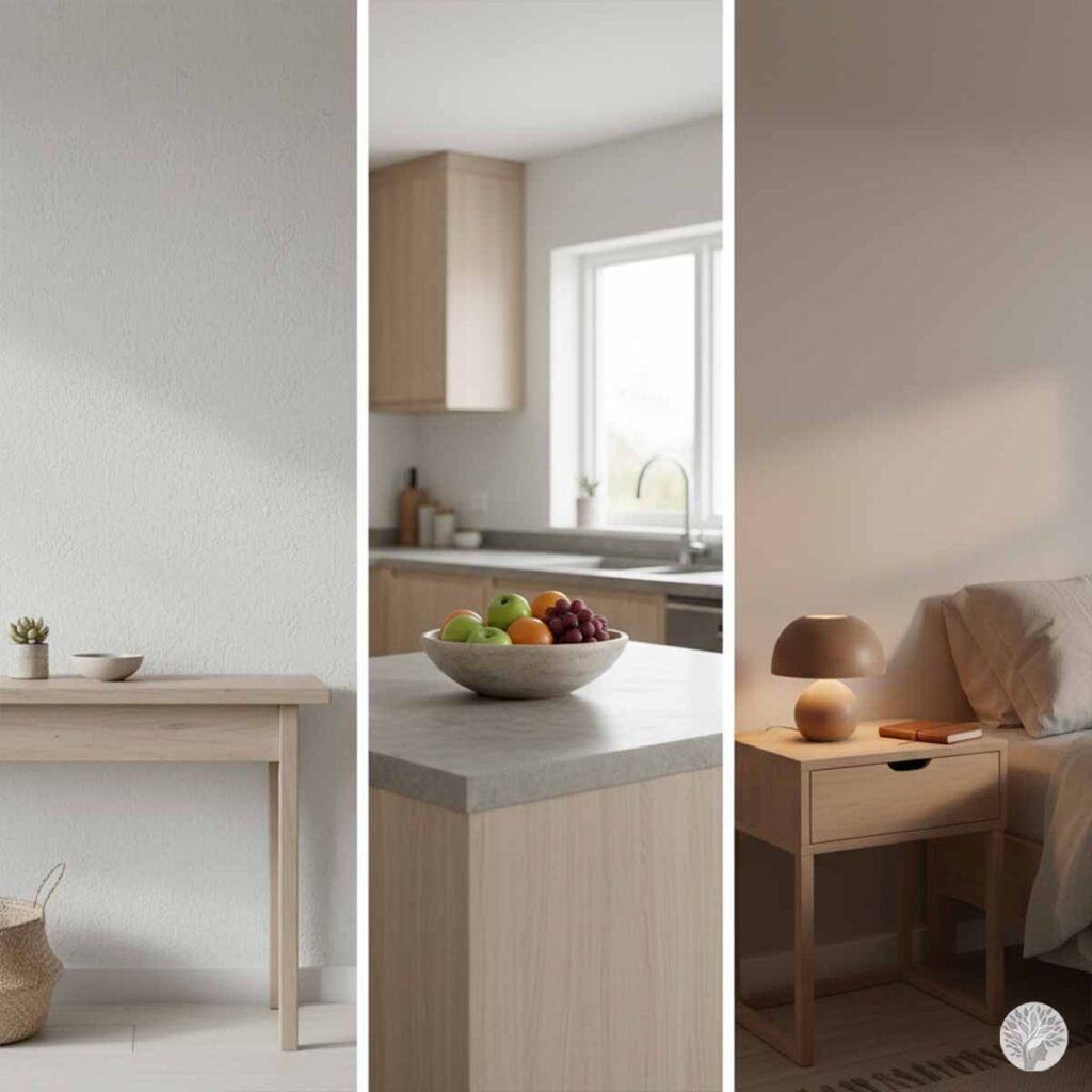 A vertical three-panel collage showcasing minimalist interior resets. The first panel shows a light wood entryway console table with a single small bowl and vase against a white wall; the second panel shows a clean kitchen island with a bowl of fresh fruit; the third panel shows a wooden nightstand with a soft mushroom-shaped lamp and a small journal.