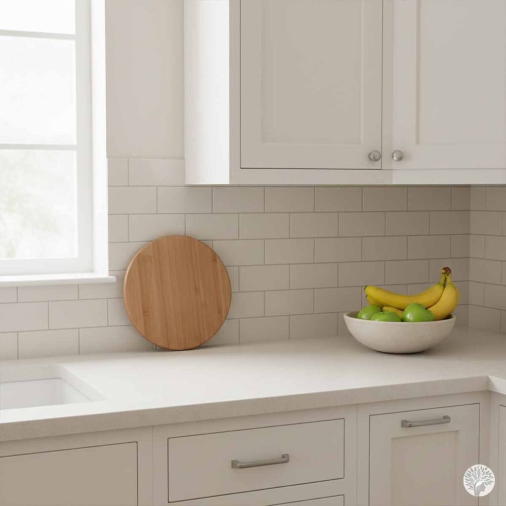 A clean and bright kitchen counter with a white tiled backsplash, a wooden cutting board, and a bowl of fresh fruit, illustrating a successful mid-day reset and breathable home space.
