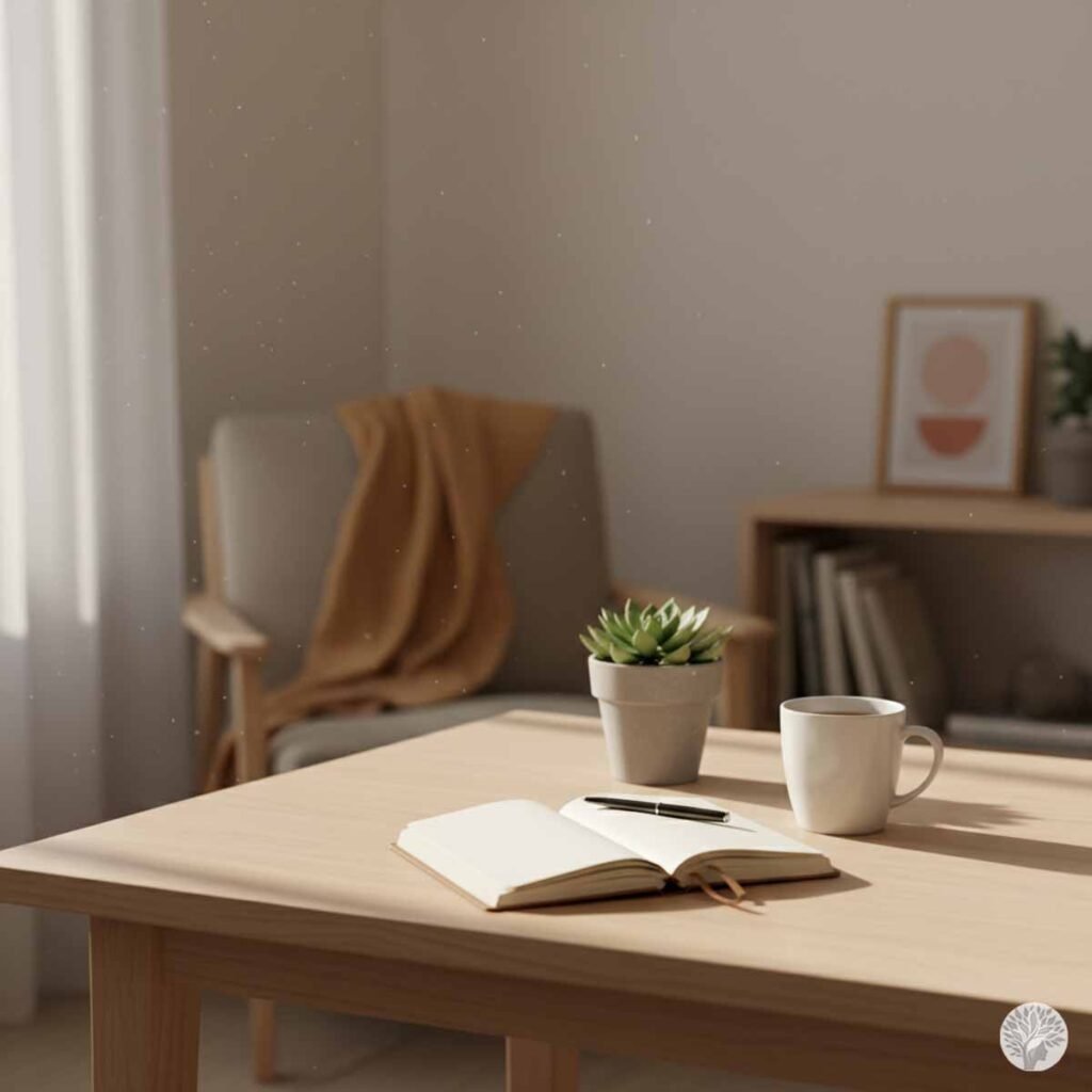 A peaceful living room scene featuring a light wood table with an open journal, a pen, a small succulent, and a white ceramic mug, with a soft-focus chair and bookshelf in the background under warm sunlight.