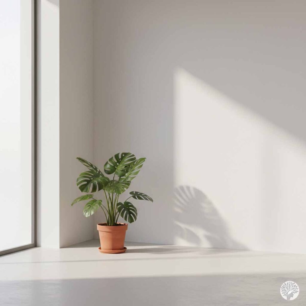 A minimalist room corner with a Monstera Deliciosa plant in a terracotta pot sitting on a clean white floor, featuring a large window and strong morning shadows against a bare white wall.
