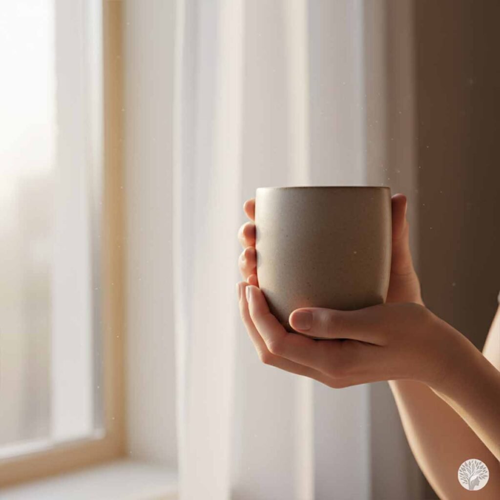 A close-up photograph focuses on a pair of hands gently cradling a warm, textured ceramic mug. Soft, diffused natural light from a window in the background illuminates the scene, creating a sense of calm and presence.