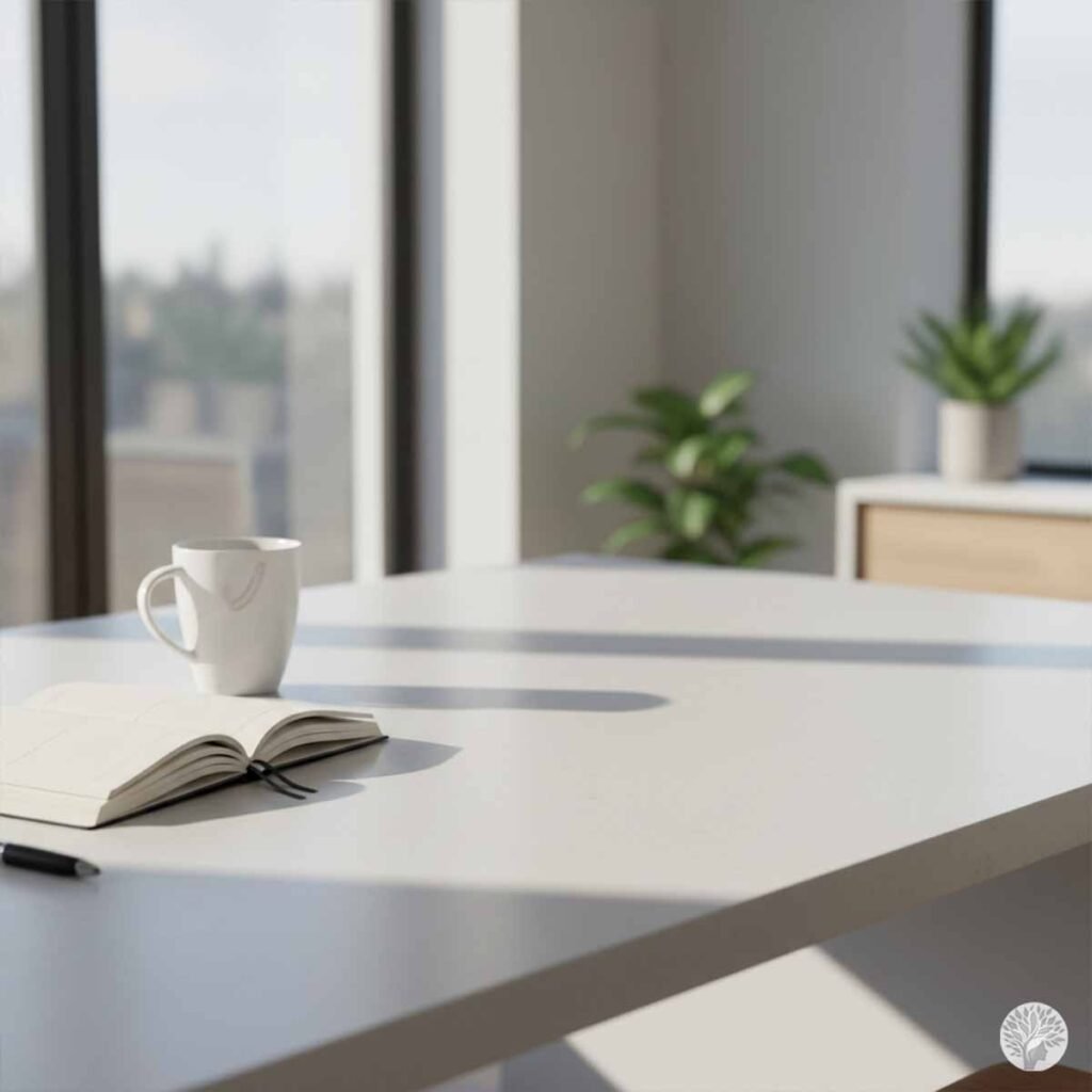A bright, minimalist room featuring a clean white table in the foreground. An open notebook with a black pen lies next to a simple white ceramic mug. In the soft-focus background, large windows reveal a city view, and two small green potted plants sit on a wooden console, all illuminated by clear morning sunlight.