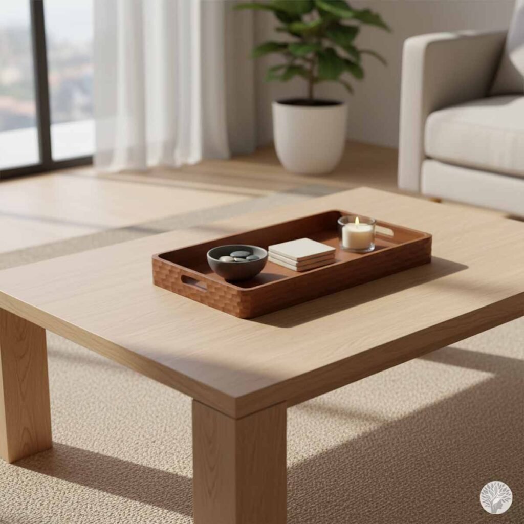 A minimalist light oak coffee table sits in a sunny living room with a large window and a white sofa. On the table is a low-profile, rectangular rich wood decorative tray with handles. The tray contains a small dark bowl of decorative river stones, a small stack of neutral-toned books or coasters, and a lit votive candle in a clear glass holder, representing a calm Sanctuary Surface.