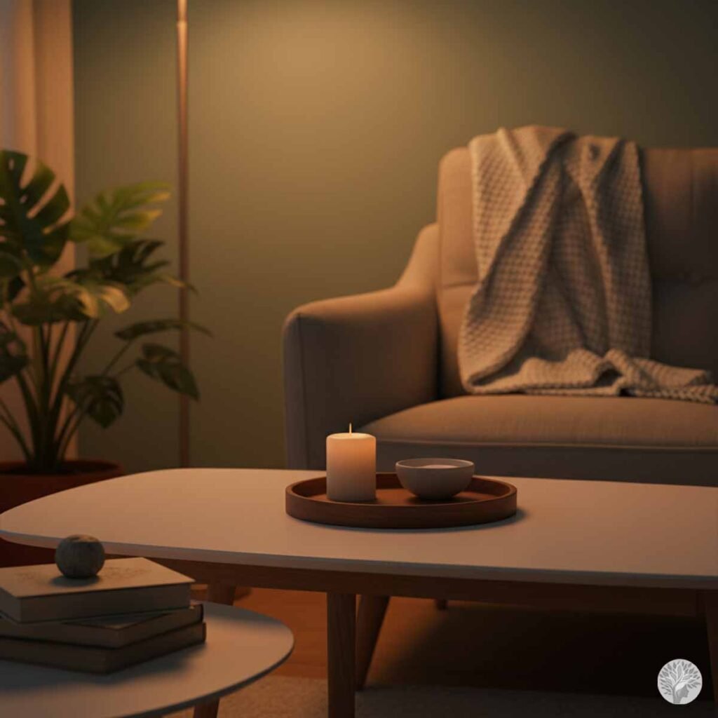 A calm living room at night featuring a coffee table with a lit candle and a simple bowl on a wooden tray, situated next to a soft grey knit blanket on a sofa.