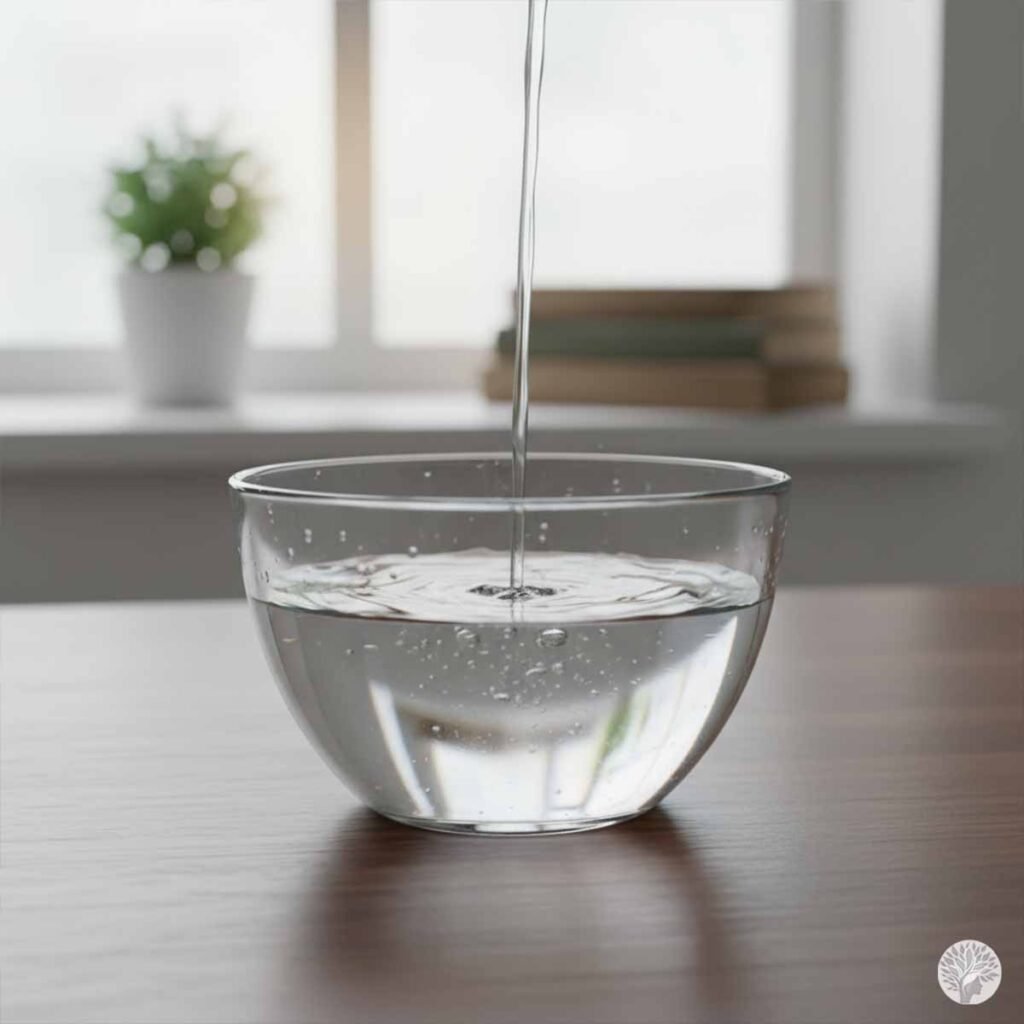 A series of three close-up photographs featuring a clear glass bowl on a dark wooden table. The first image shows water dripping into the partially filled bowl (The Drip). The second shows the bowl filled precisely to the brim (The Threshold). The third shows water swirling as it is poured out of the bowl (The Drain), symbolizing the Hetal Method's approach to neurological reset. The bright window background remains constant in all three panels.