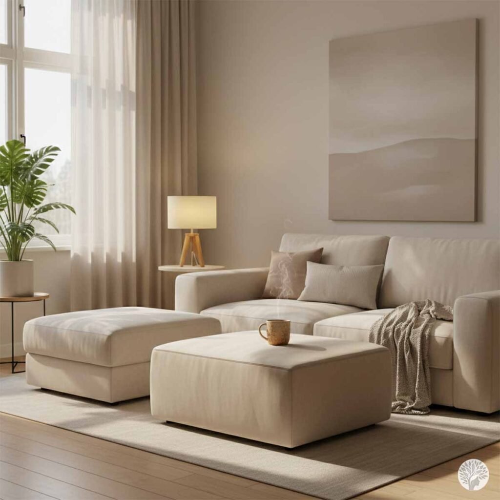 A serene, sunlit living room with neutral-toned furniture, a warm lamp, and a steaming ceramic mug on an ottoman, representing a sensory-friendly morning routine for mothers.