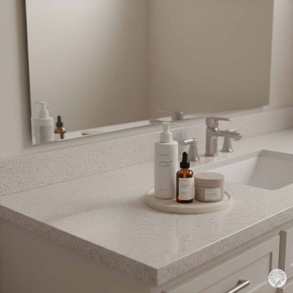 A clean, organized bathroom vanity featuring three simple skincare products on a small tray next to a sink, reflecting a sense of calm and order.