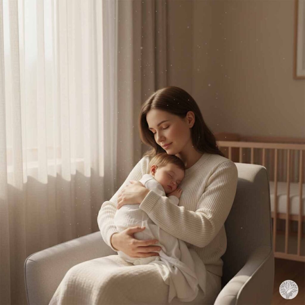 A mother in a soft white sweater sitting in a grey armchair, tenderly cradling and cuddling her sleeping baby in a serene, sunlit nursery with a wooden crib in the background.