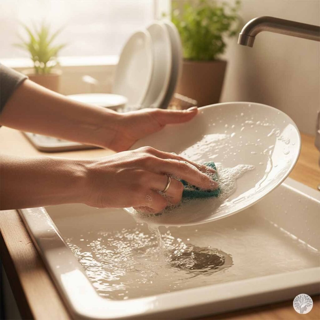 A close-up of hands with a gold ring washing a white plate using a blue sponge and soapy water in a wooden-framed sink, illustrating sensory grounding.