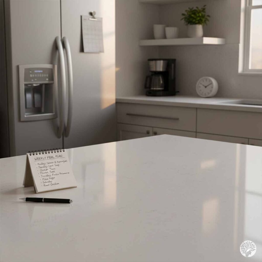 A clean, reflective white kitchen countertop with a small "Weekly Meal Plan" notepad and a pen, with a modern refrigerator and a digital clock in the background showing soft late-afternoon light.