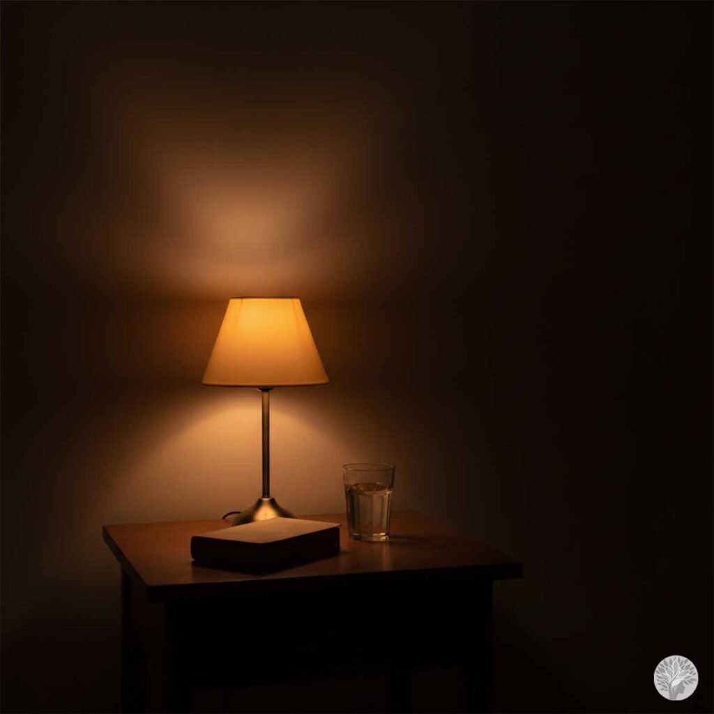 A clean nightstand in a dim room with a warm lamp on, a book, and a glass of water, illustrating the evening reset routine and visual silence before sleep.