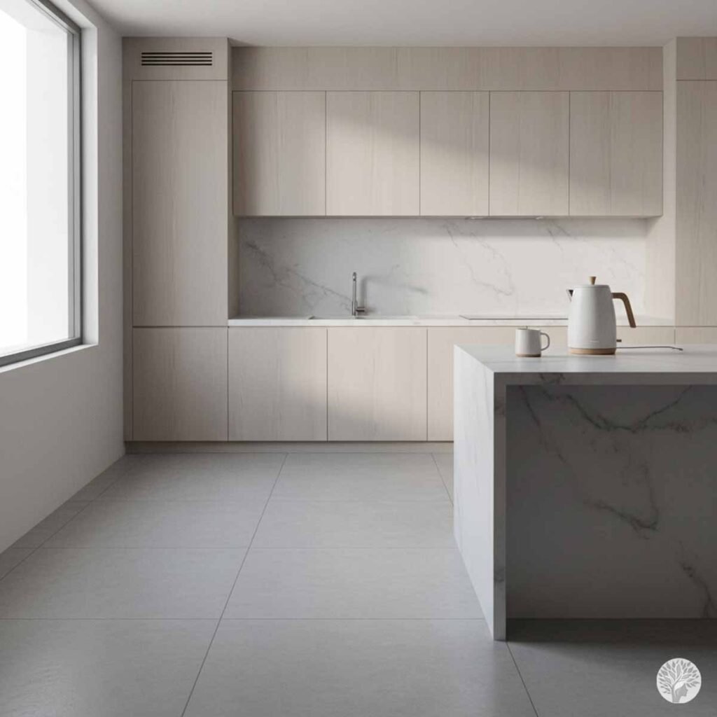A modern and minimalist kitchen with light wood cabinetry, a white marble island, and a matching marble backsplash, featuring a single white kettle and a mug on the clear countertop under bright natural light.