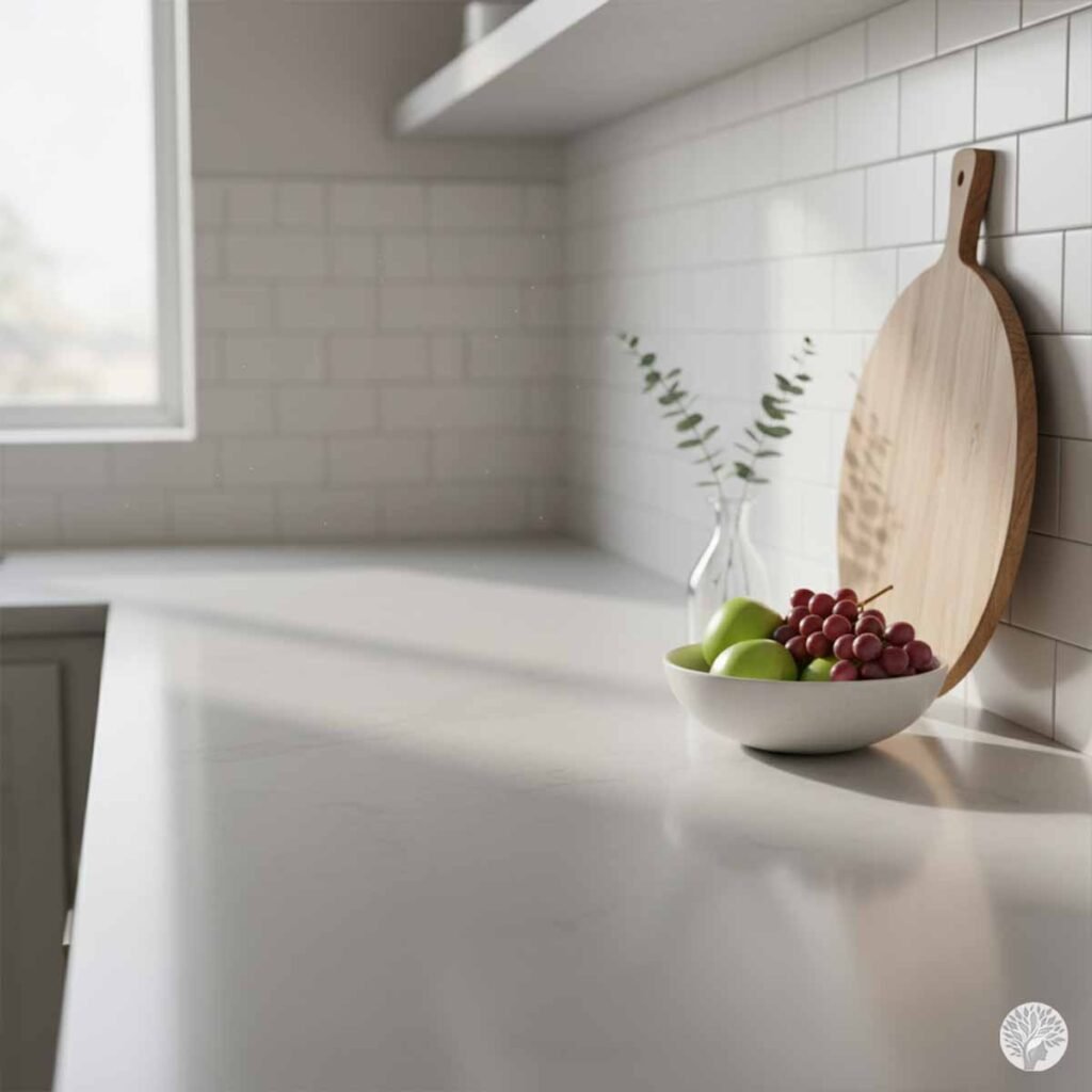 A minimalist white kitchen countertop with a clean, marble-like surface. A small white bowl filled with green apples and red grapes sits next to a round wooden cutting board leaning against a white subway tile backsplash. A small glass vase with a green eucalyptus branch stands nearby, all illuminated by soft, directional morning sunlight.