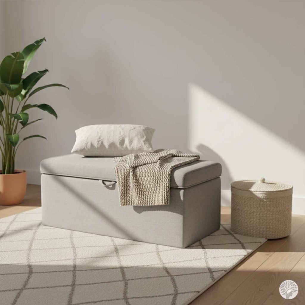 A minimalist light grey linen-textured storage ottoman bench with a lid, sitting on a patterned cream rug in a sunlit room. A knit throw blanket and a decorative pillow are placed neatly on top, and a woven lidded basket sits nearby, demonstrating hidden storage for visual silence.