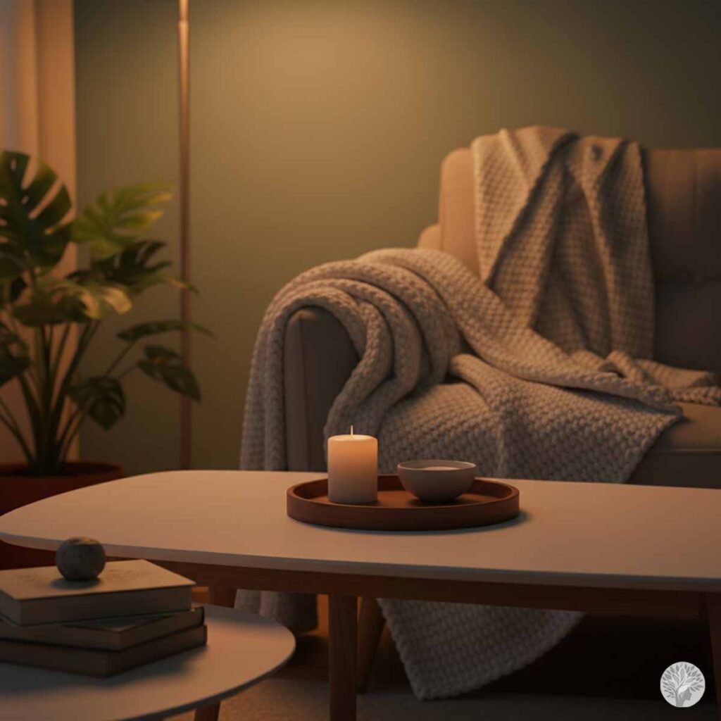 A close-up, high-angle shot of a cozy evening reset setup on a dark sofa, featuring a folded, chunky grey knit weighted blanket, a warm amber-lit lamp, and a minimalist bowl on a wooden tray.