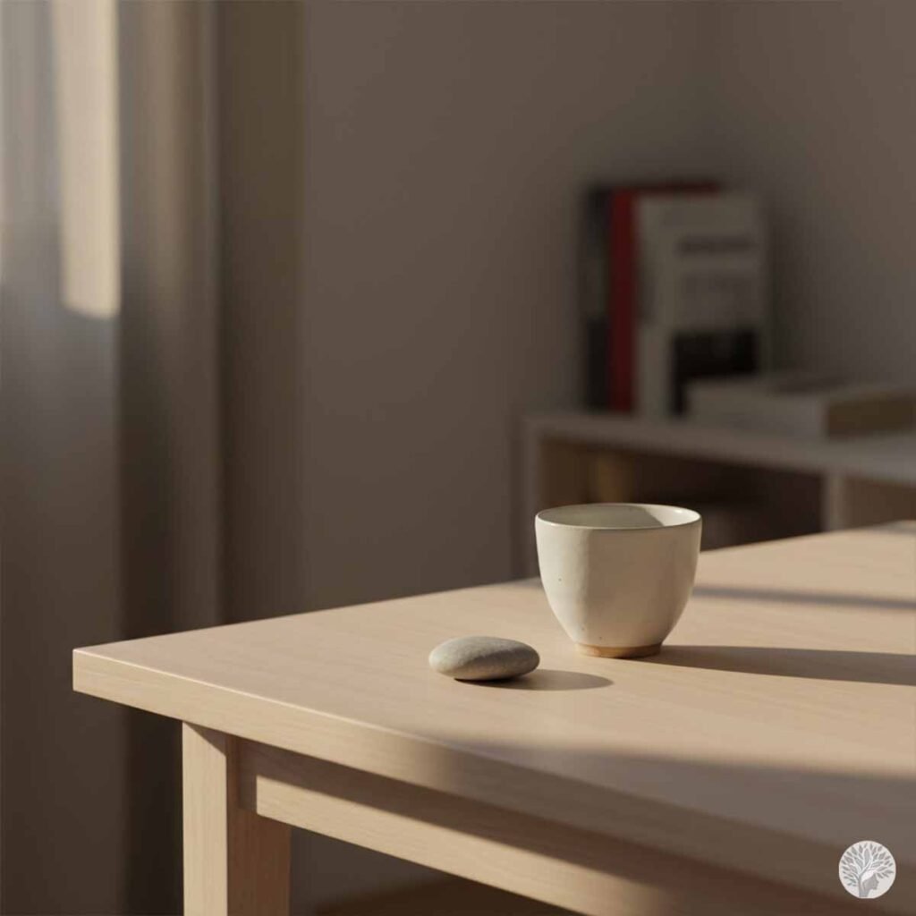 A minimalist close-up photograph of a light wood table corner illuminated by a warm, geometric patch of sunlight. On the table rests a small, smooth river stone and a simple, off-white ceramic tea cup. The blurred background shows a window and a bookshelf, emphasizing the concept of Visual Silence and a designated Sanctuary Surface in a mindful home.
