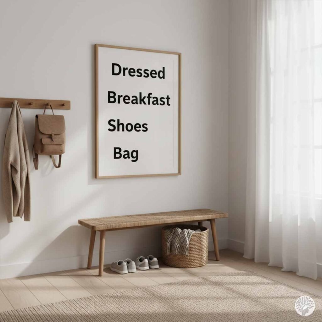 A minimalist framed sign hanging on a white wall listing morning routine tasks: Dressed, Breakfast, Shoes, Bag, in bold black text, representing a visual cue system for families.