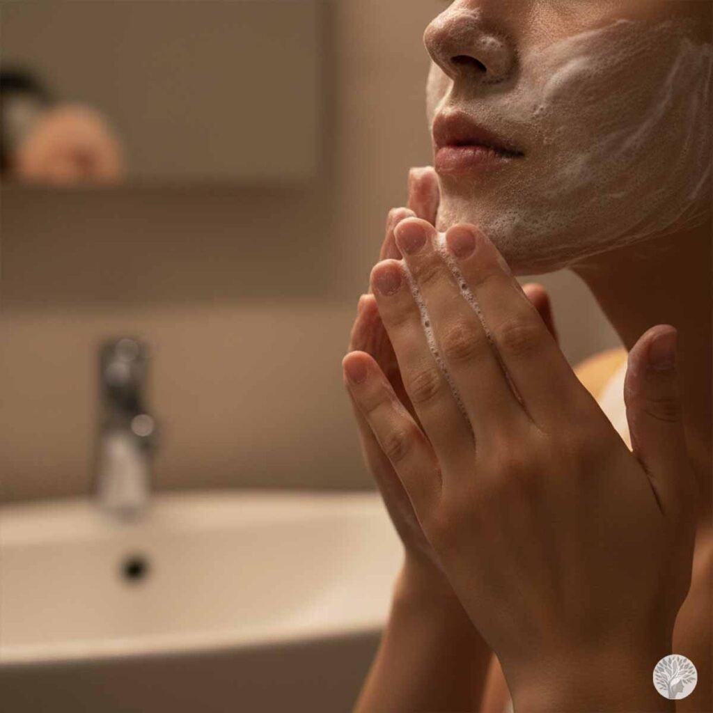 A close-up, side profile of a woman gently massaging a foamy white cleanser into her face in a warm, dimly lit bathroom.