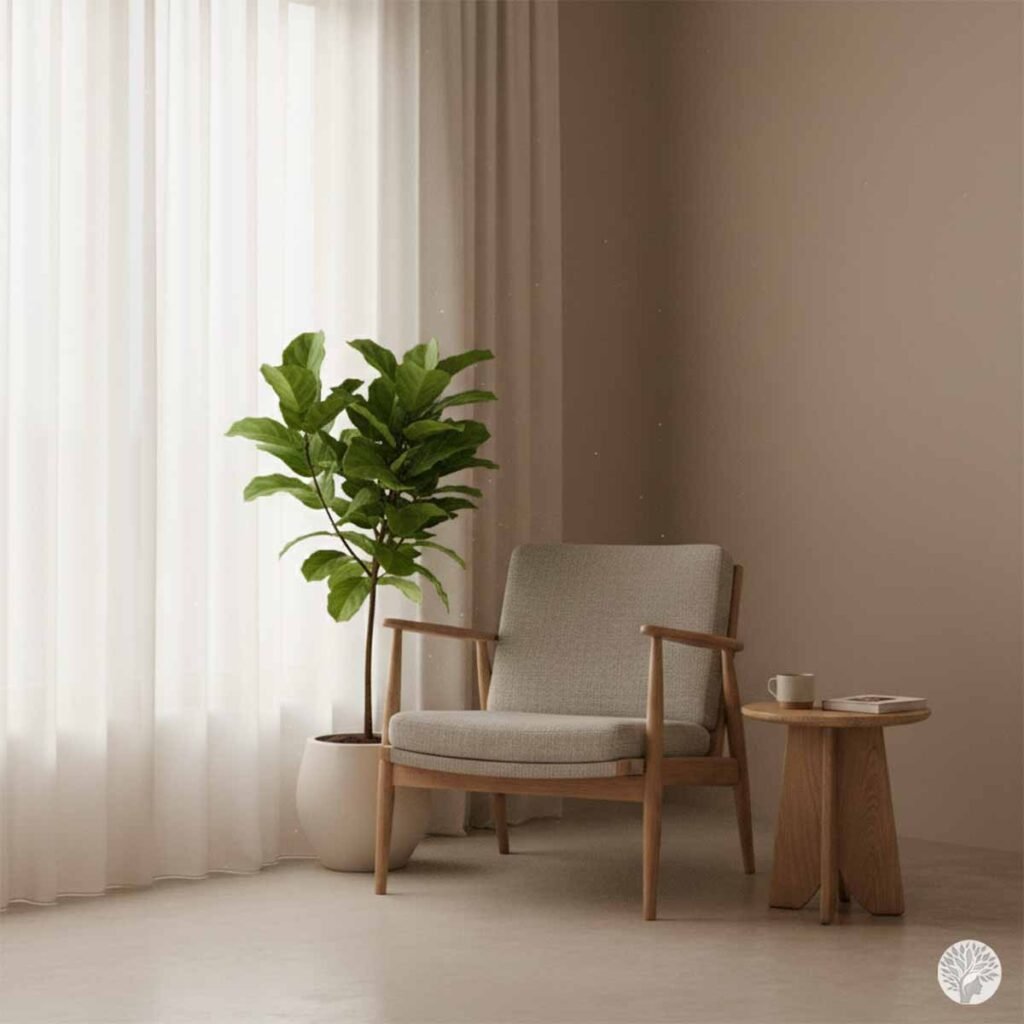 A minimalist wooden armchair with a grey cushion sitting next to a tall fiddle leaf fig plant and a small side table holding a white mug and book, bathed in soft sunlight from a sheer curtain window.