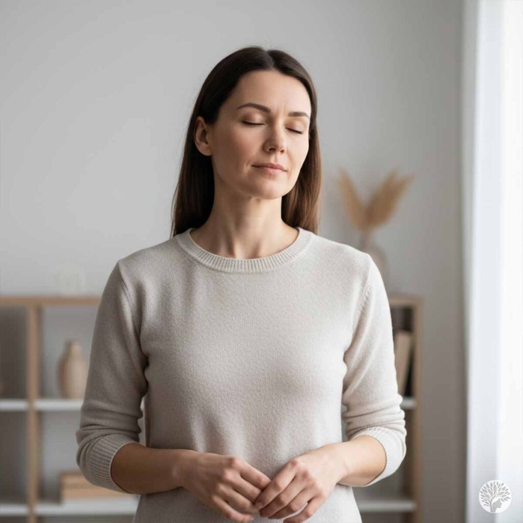 A woman with long dark hair and eyes closed, wearing a cream sweater, standing in a serene living room while taking a mindful breath to represent a calm pause.