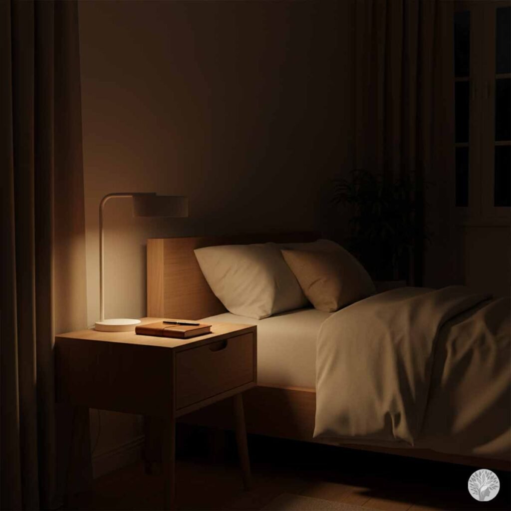 A close-up of a neat wooden nightstand next to a made bed in a dimly lit room, illuminated by the warm glow of a modern white table lamp, featuring only a simple closed journal and a pen.