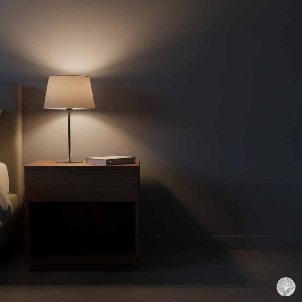 A minimalist wooden nightstand in a dimly lit bedroom featuring a warm glowing lamp and a single closed journal, with the rest of the surface completely clear and a soft-focus bed to the side.