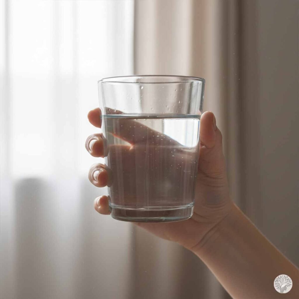A close-up of a person's hand holding a clear glass of water. The glass is filled with clean, still water and shows slight condensation. The background is softly blurred, showing a neutral-toned curtain and bright, diffused morning light.