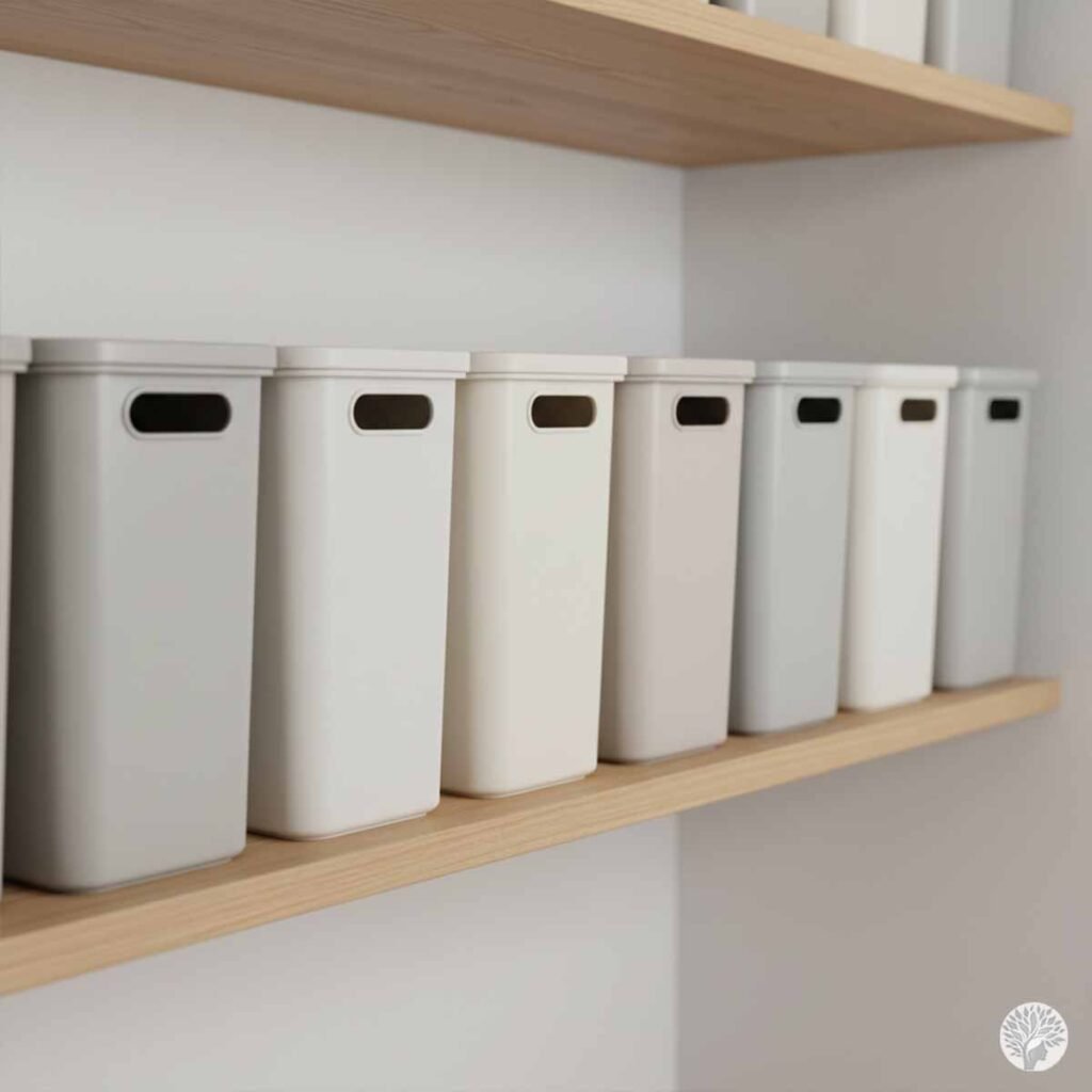 A close-up view of a minimalist wooden shelf in a white-walled pantry, holding a row of uniform, opaque, matte white and light grey plastic storage bins with integrated handles, illustrating the "Hetal Method" of closed storage.