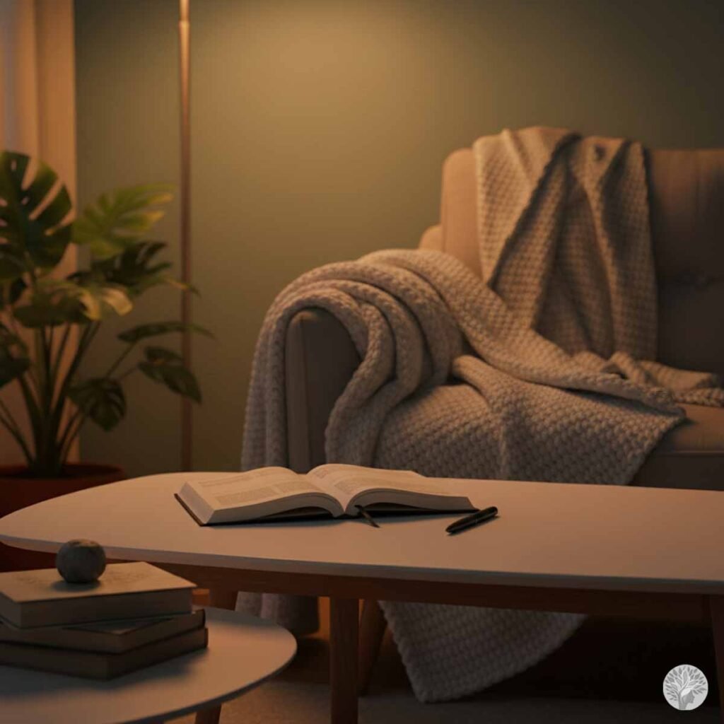 A serene living room at night with warm lamp lighting, featuring an open linen-bound journal and a pen on a clear coffee table, replacing the digital clutter, as part of a Hetal Method evening reset routine.