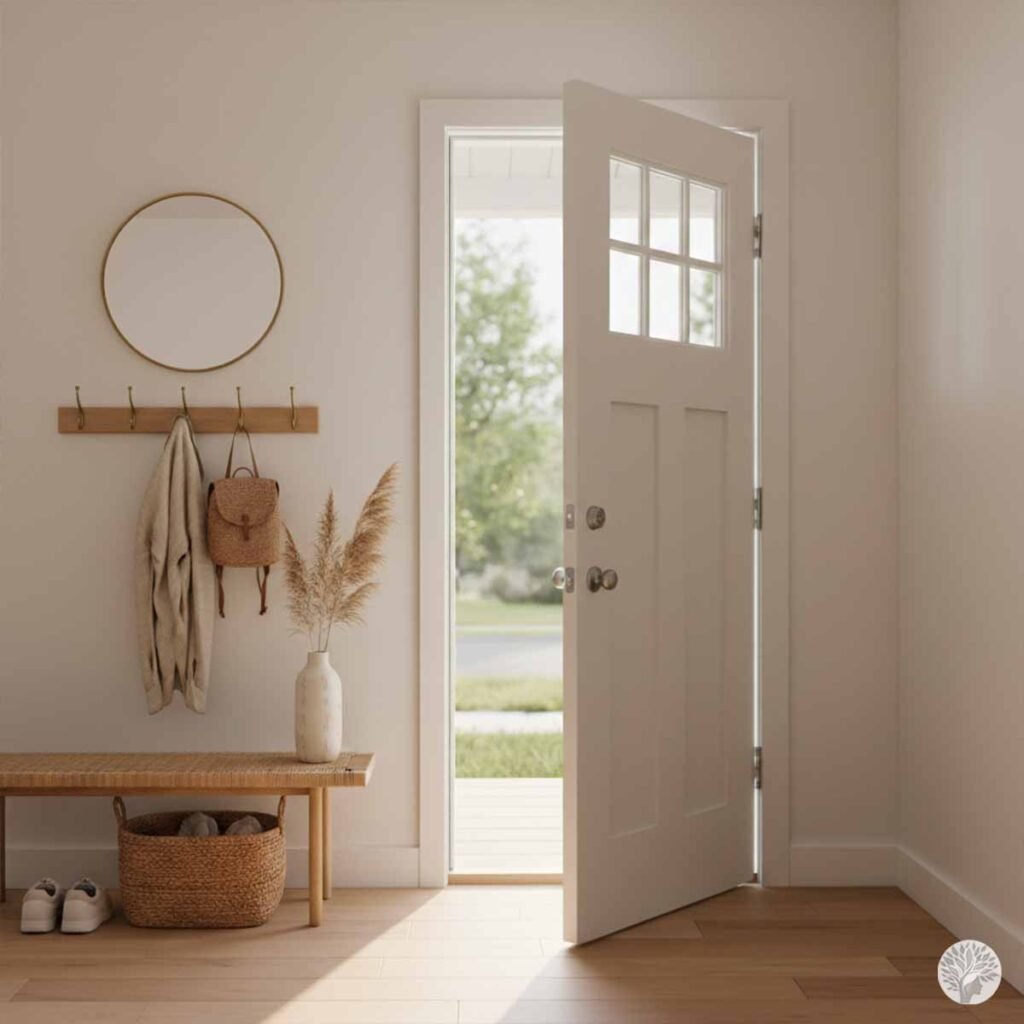 A bright, organized entryway with an open front door leading to a sunny porch, featuring a wooden bench, a hanging backpack, and neutral decor to illustrate a calm morning transition.