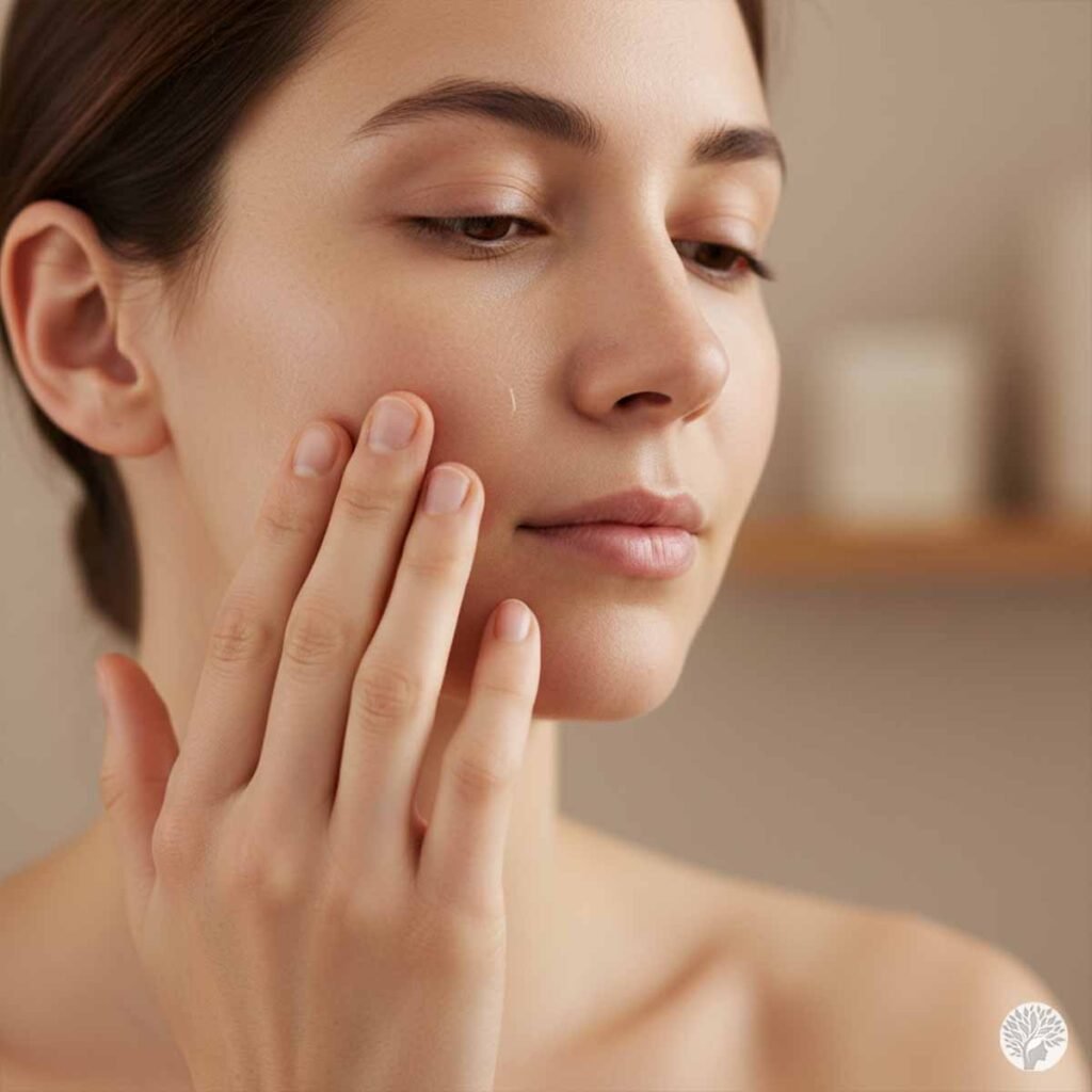 A close-up portrait of a woman gently touching her clean, hydrated face with her fingertips.