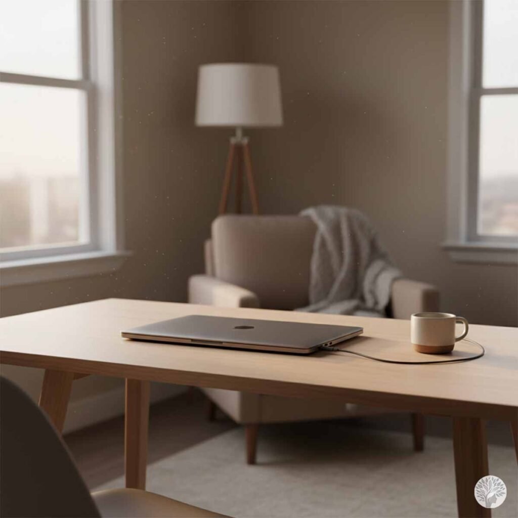A closed grey laptop and a ceramic coffee mug sitting on a clean, light wood desk in a sunlit home office, with a soft armchair and floor lamp blurred in the background.