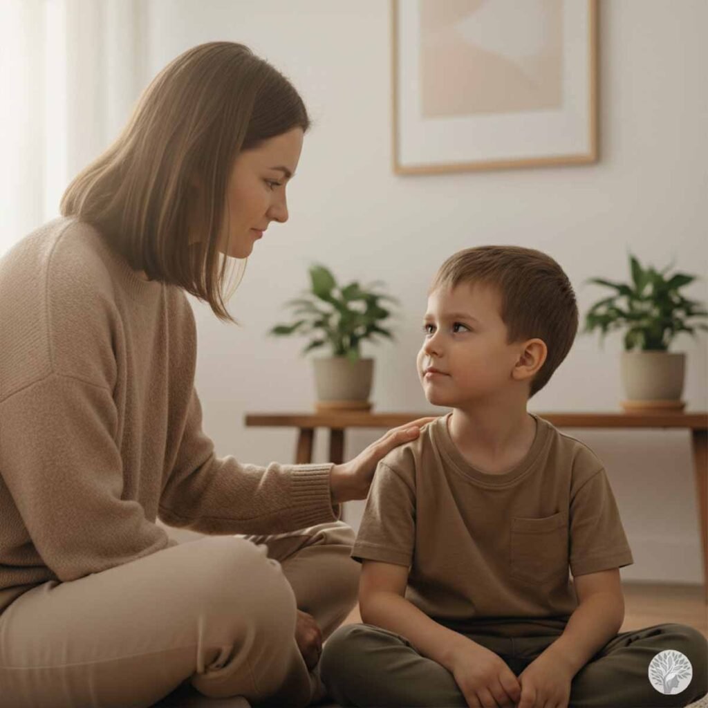 A mother sitting on the floor with her young son, placing a gentle hand on his shoulder while making calm eye contact in a bright, modern living room.