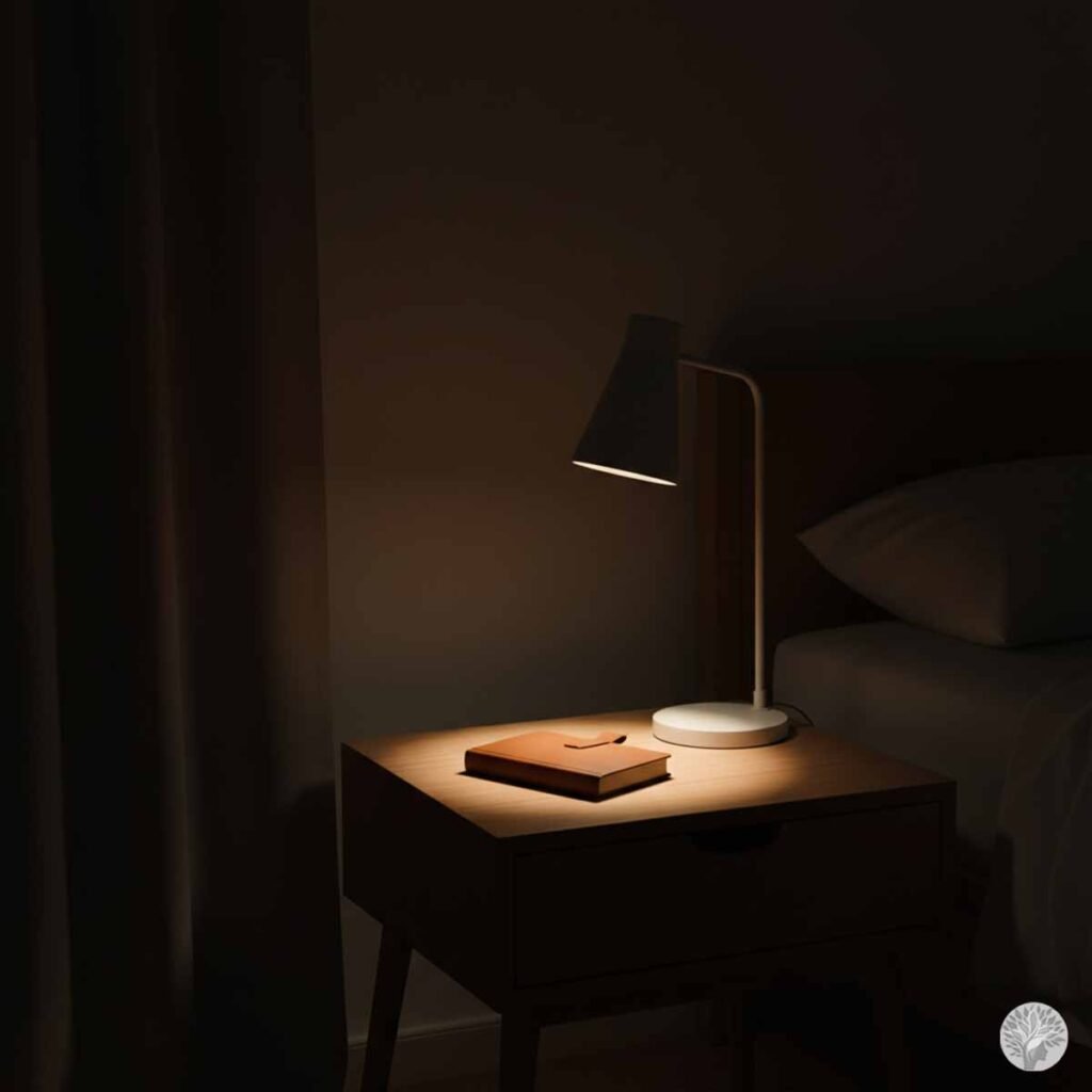 A close-up of a neat wooden nightstand next to a made bed in a dimly lit room, illuminated by the warm glow of a modern white table lamp, featuring only a simple closed journal and a pen.