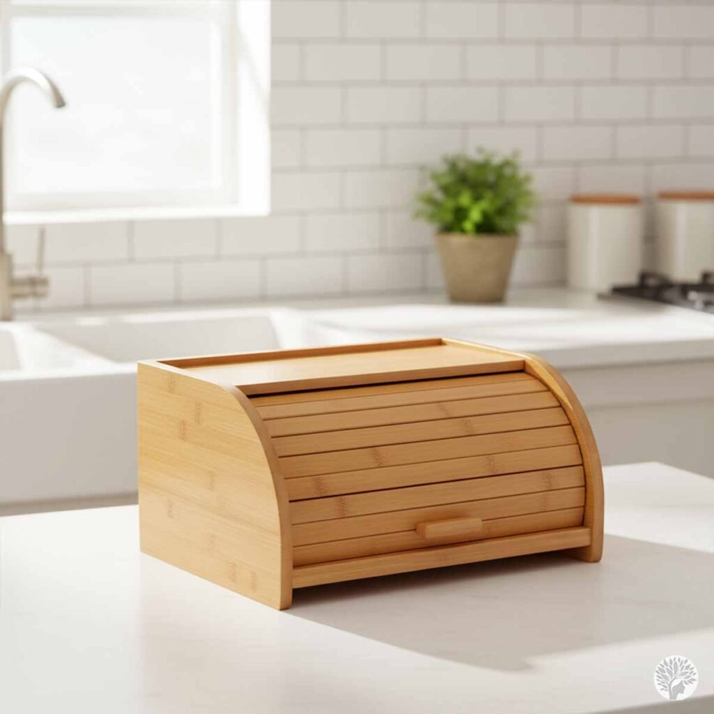 A minimalist bamboo bread box with a roll-top door sitting on a white kitchen island. In the background, a white tiled backsplash, a kitchen sink, and a small potted plant are visible in a bright, airy, and organized kitchen setting.