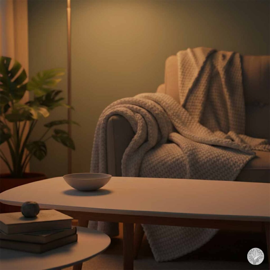 A minimalist living room at night under warm lamp lighting, featuring a clear coffee table with a solitary bowl, representing a completed gentle evening reset and visual silence for moms.