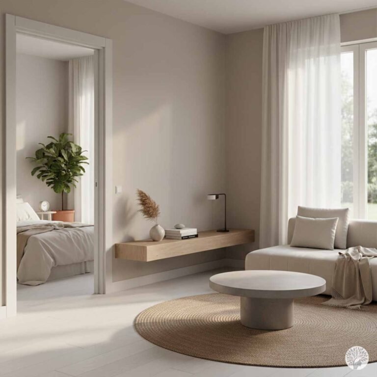 A minimalist, sunlit home interior showing a tidy living area and a glimpse into a calm bedroom, representing the peaceful outcome of a regulated morning routine.