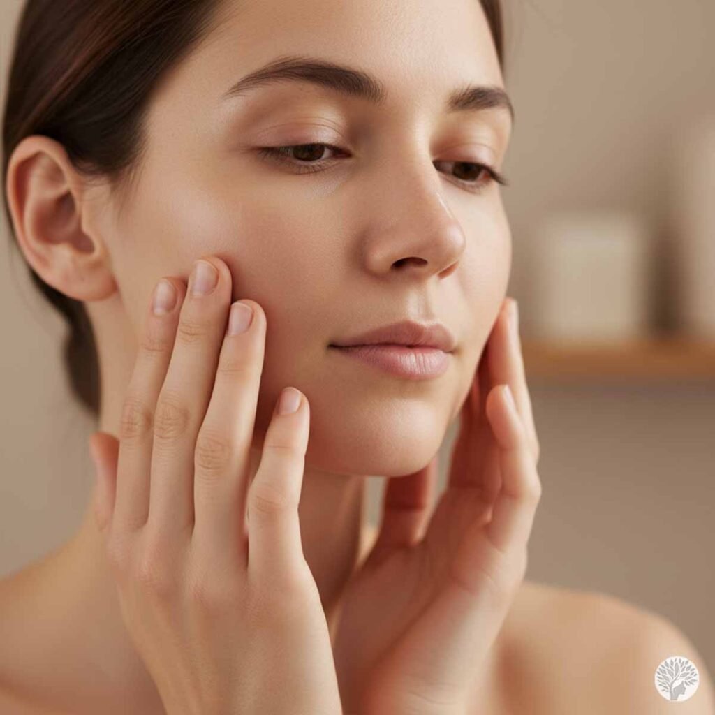 A close-up, soft-focus portrait of a woman gently pressing her cream-coated fingertips against both of her cheeks.
