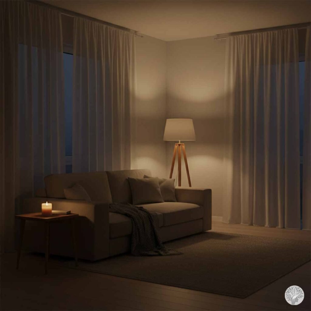 A dimly lit, cozy living room at night featuring a warm floor lamp, a lit candle on a side table, and a soft throw blanket on a sofa, creating a peaceful environment for an evening reset.