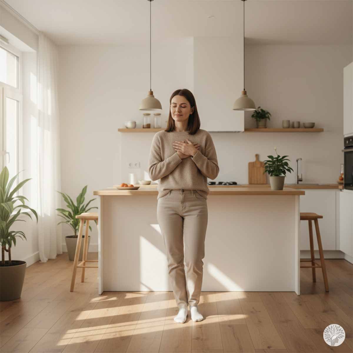 A woman standing in a bright, minimalist white kitchen with her hands over her heart and eyes closed, practicing a brief moment of calm and mindfulness.