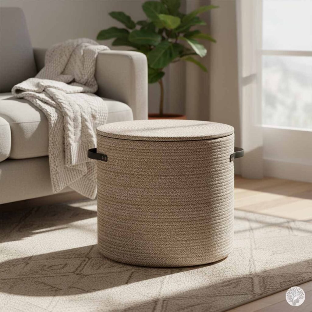A large, cylindrical lidded basket made of woven cotton rope in a neutral cream and tan pattern. The basket features dark leather handles and sits on a patterned rug next to a light-colored sofa with a draped knit blanket, illustrating a minimalist approach to hiding living room clutter.