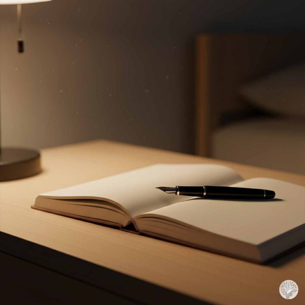 A close-up of an open linen journal with blank pages and a classic fountain pen resting on a light wood desk, illuminated by the warm, soft glow of a bedside lamp at night.