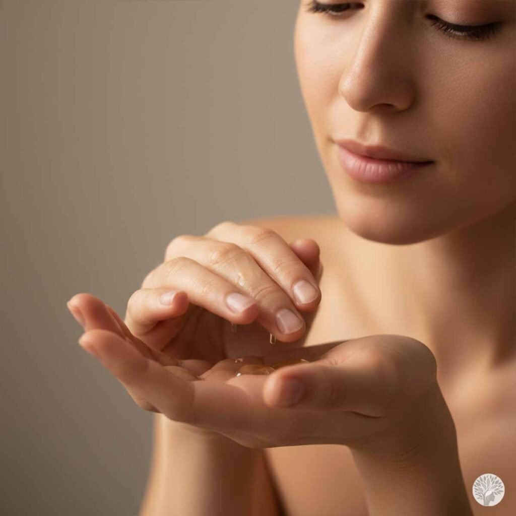 A close-up of a woman with a calm expression, holding her hands cupped together as a few drops of golden facial oil fall into her palm.