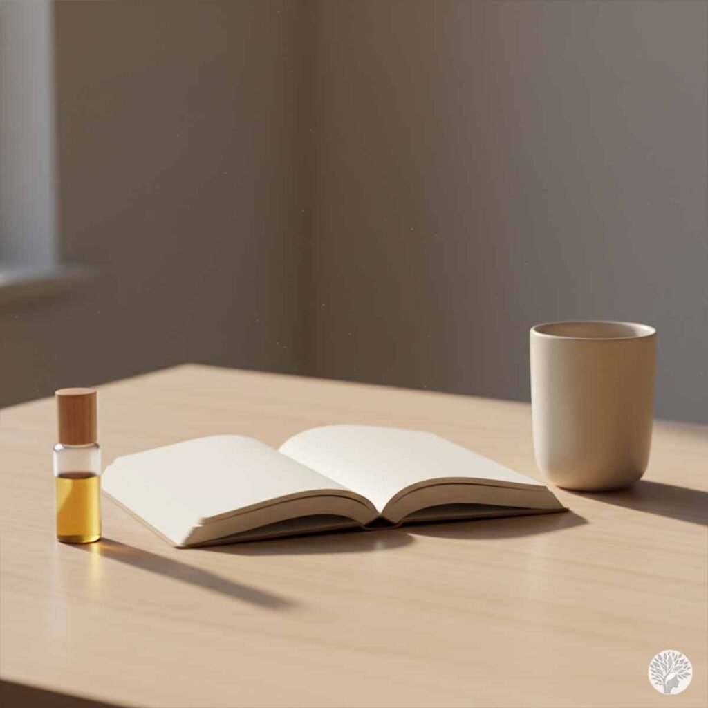 A collection of wellness tools on a light wood table, including an open linen notebook, a small amber glass essential oil roller with a wooden cap, and a minimalist ceramic mug in soft natural sunlight.